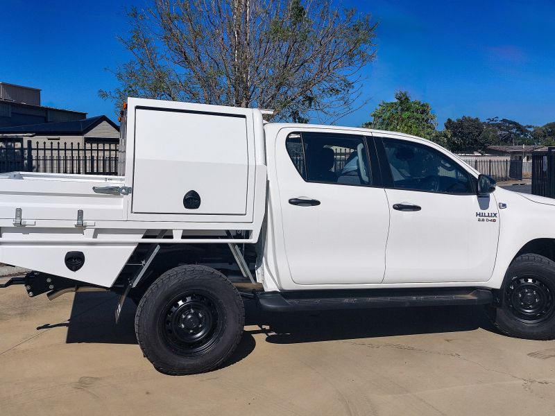 Fixed Canopy Toyota DC Hilux powdercoated white with canopy fixed underbody toolbox tray sides