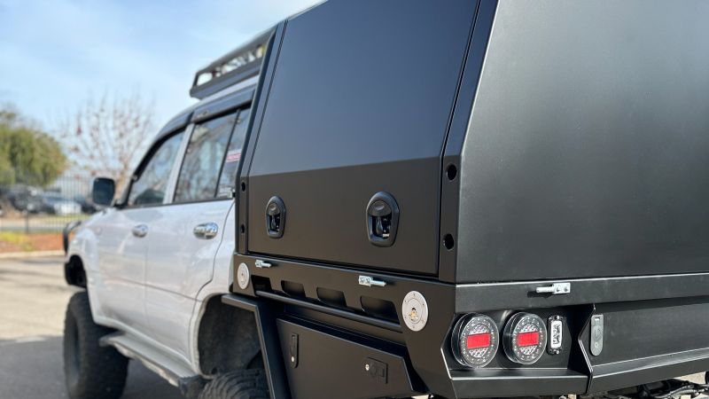 Liftoff Canopy Toyota Landcruiser Wagon aluminium powdercoated black canopy with underbody toolbox rear drawer