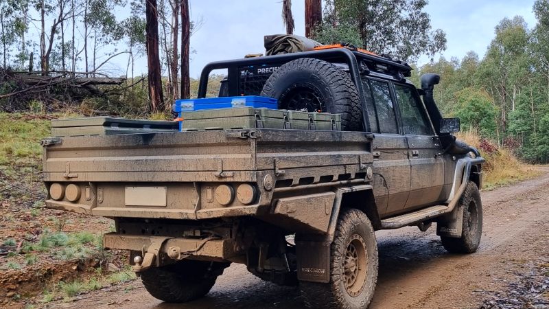 Aluminium Tray Toyota Landcruiser 79 Series out in bush scrub lands with spare wheel mount