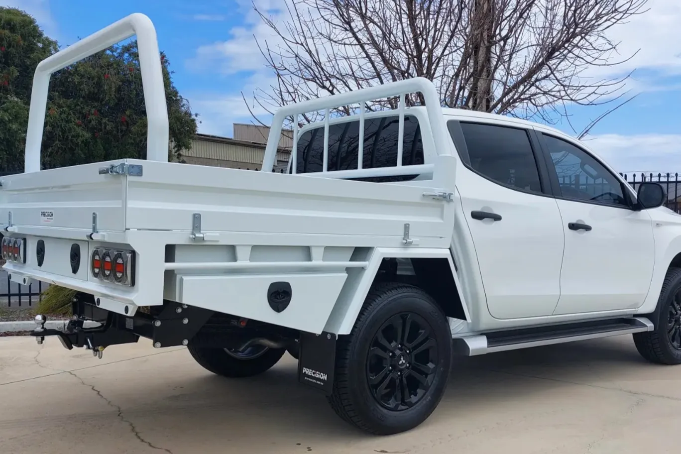 Heavy Duty Steel Tray Dual Cab Mitsubishi Triton with white powdercoated rear load rack and toolboxes