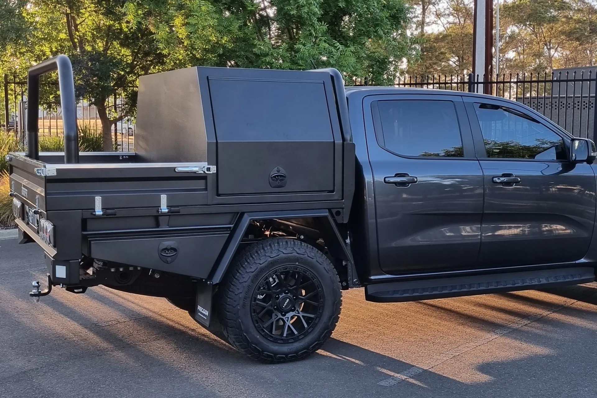 Fixed Canopy Ford DC Ranger black aluminium canopy fixed to aluminium tray with rear load rack and underbody toolboxes