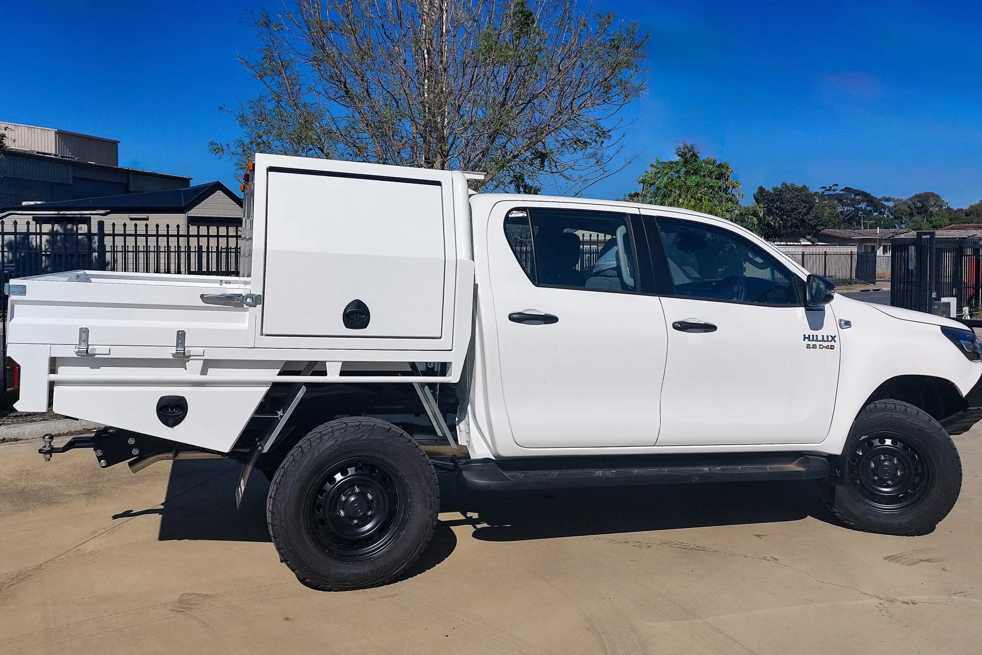 Fixed Canopy Toyota DC Hilux powdercoated white with canopy fixed underbody toolbox tray sides