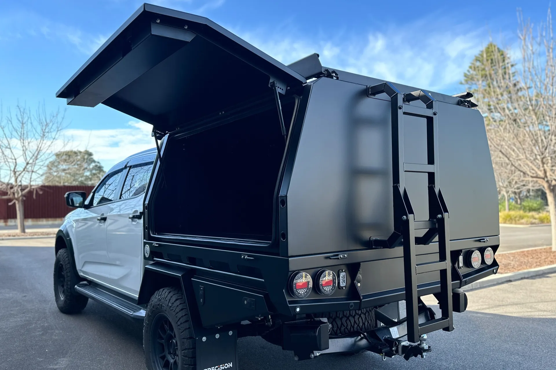 Liftoff Canopy Isuzu DC DMAX with black powdercoated canopy rear ladder underbody toolbox trundle drawer roof racks