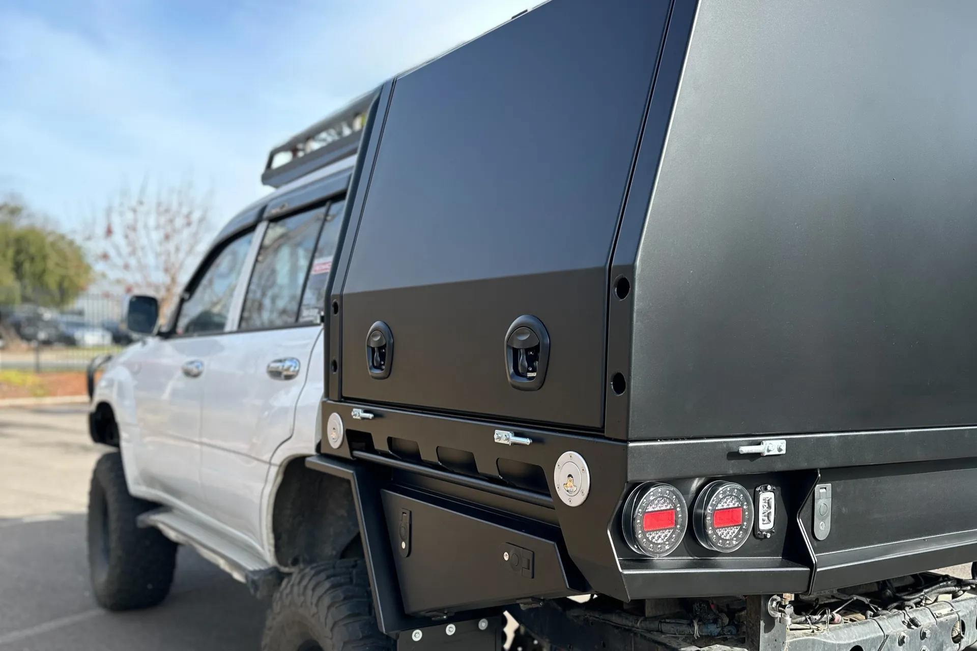 Liftoff Canopy Toyota Landcruiser Wagon aluminium powdercoated black canopy with underbody toolbox rear drawer